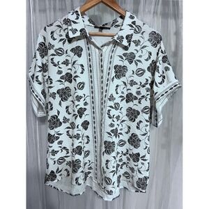 Como Black Womens XL Floral Button Down Shirt Short Sleeve White Black Textured